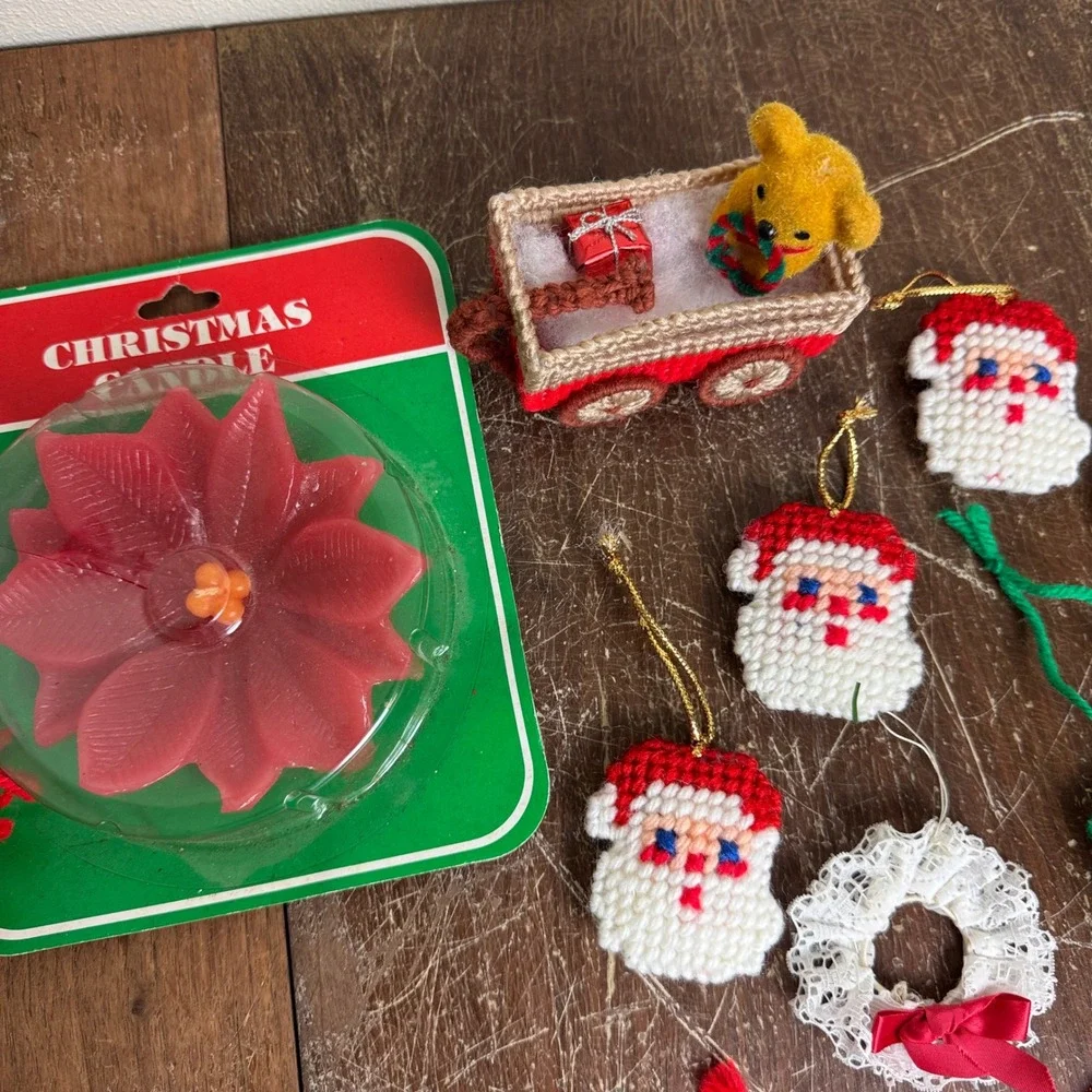 VINTAGE Christmas Granny Square Stocking Poinsettia Candle Various‎ Ornament LOT
